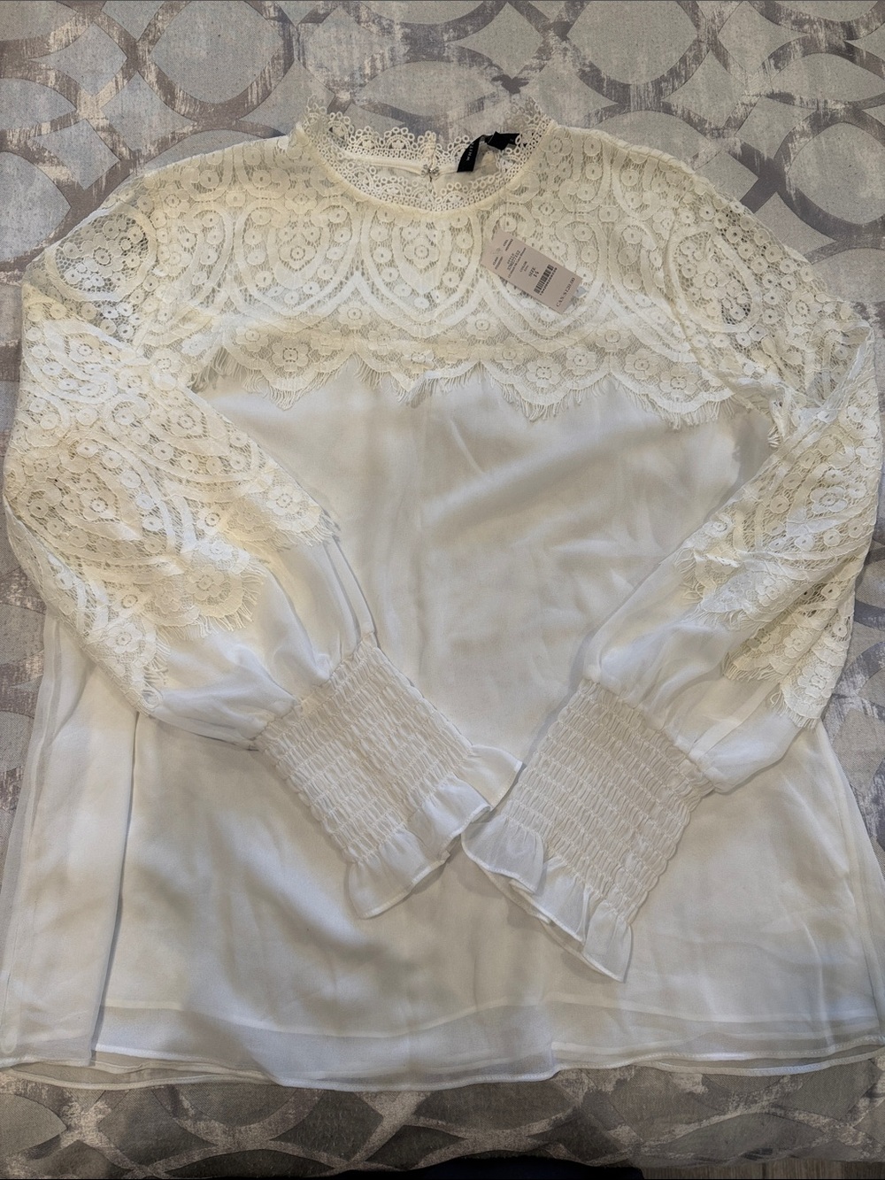 White House Black Market Ivory Lace Yoke Long Sleeve Blouse